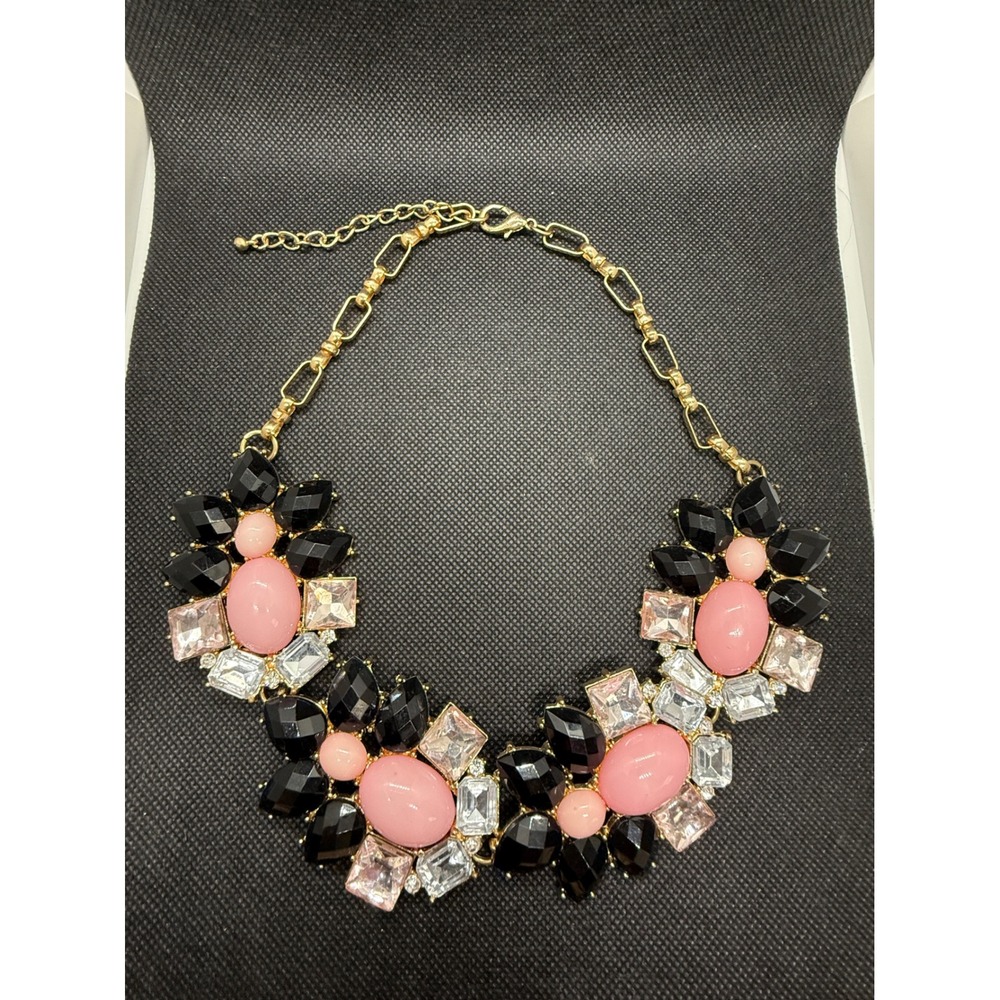 Pink Black Crystal Statement Bib Necklace Gold Tone Adjustable Chunky Link